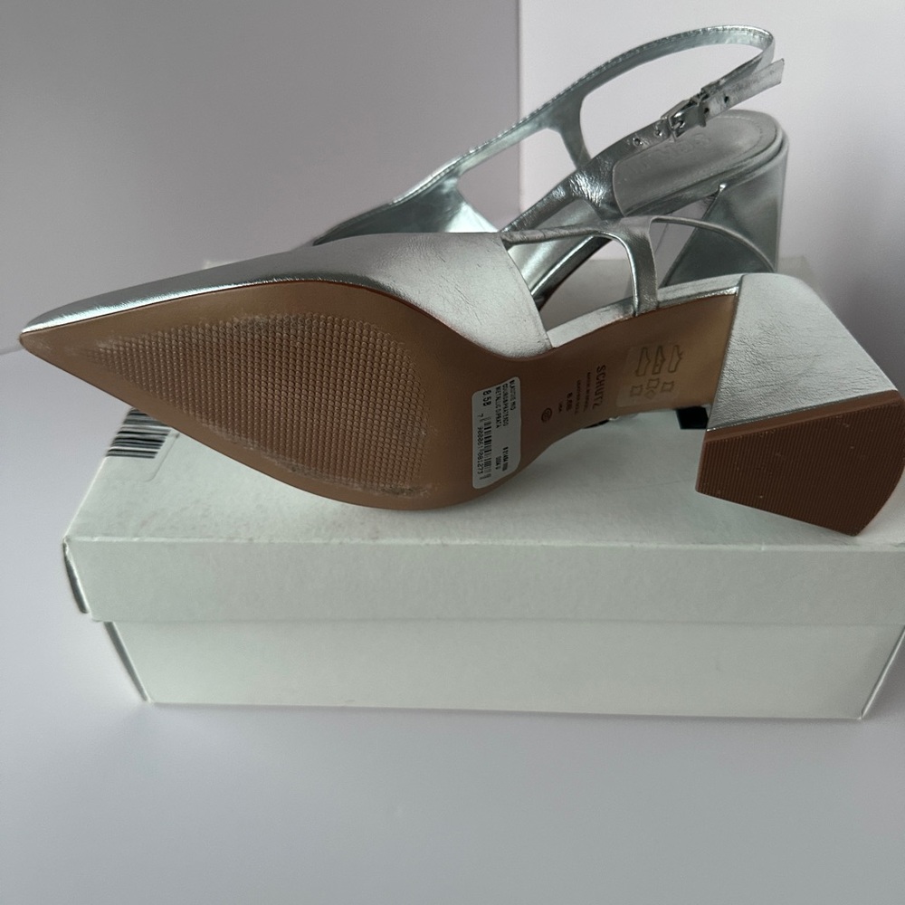 SCHUTZ Shiny Silver Pointed Slingback Heels - Picture 9 of 10